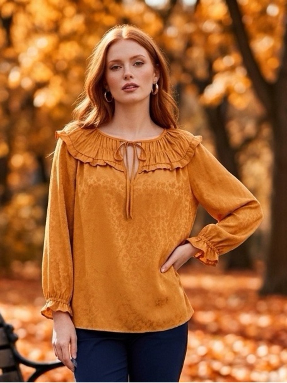 Stitch + Feather Mustard Jacquard Ruffle Tie Neck Blouse Size L